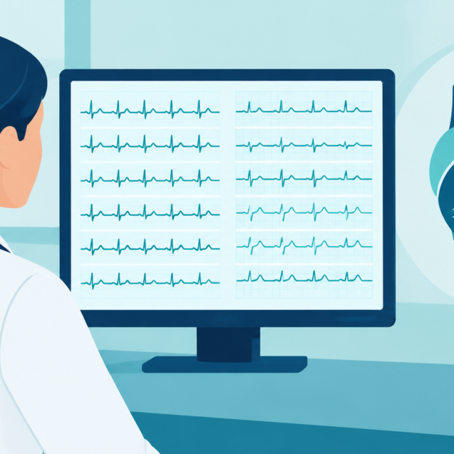 Ilustración de una médica frente a un monitor con varias derivaciones de electrocardiograma y un corazón
