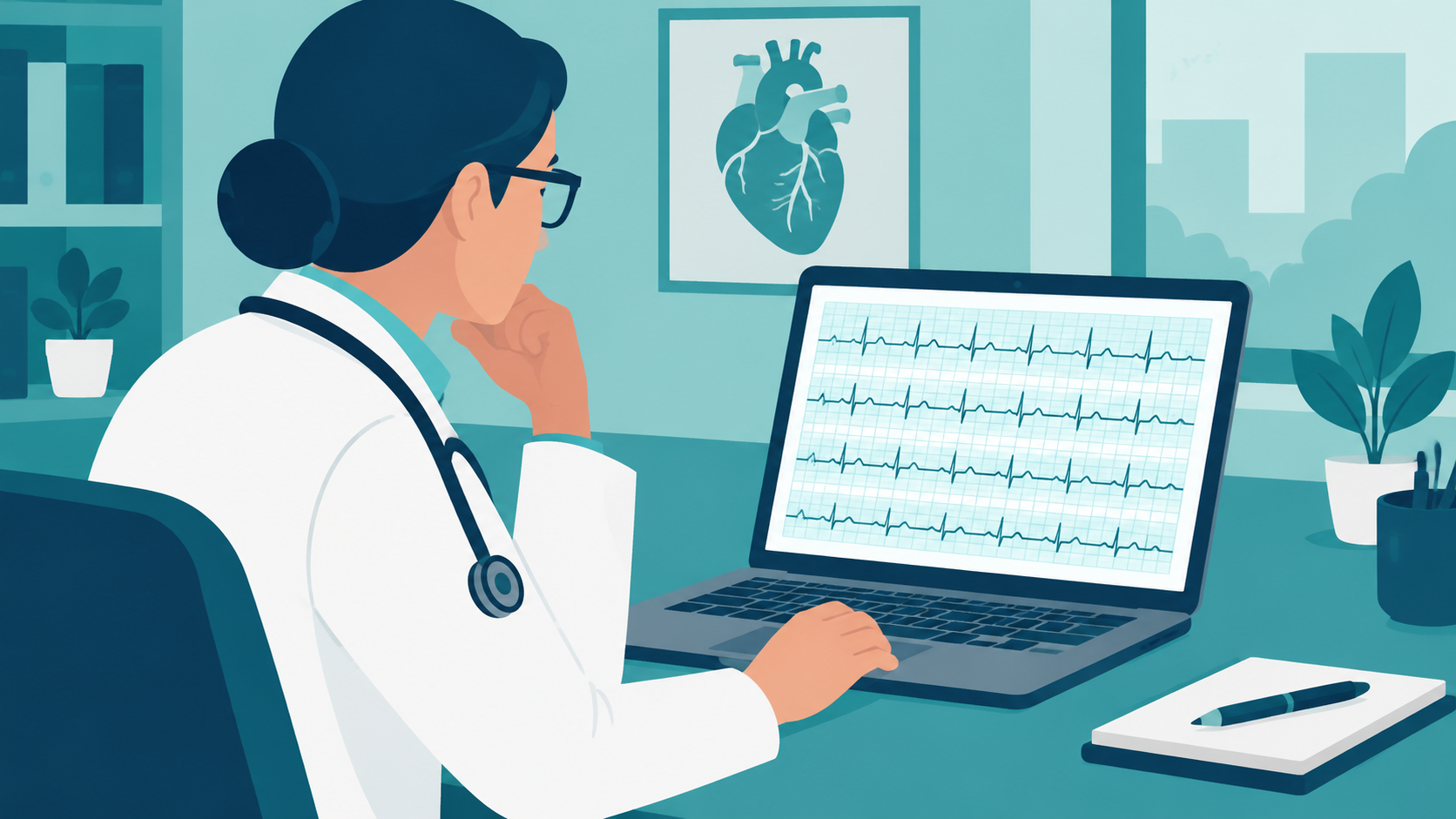 Ilustración de una médica revisando un trazo de electrocardiograma en una computadora portátil