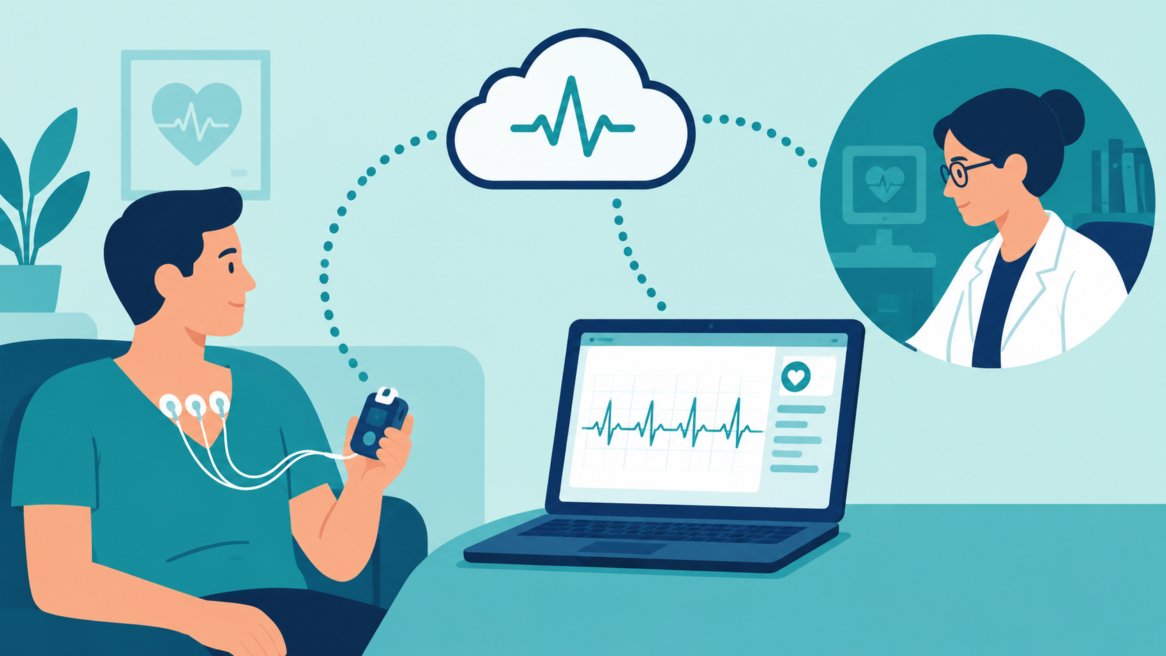 Ilustración de un paciente con un dispositivo de ECG portátil enviando el estudio a una especialista para su interpretación a distancia